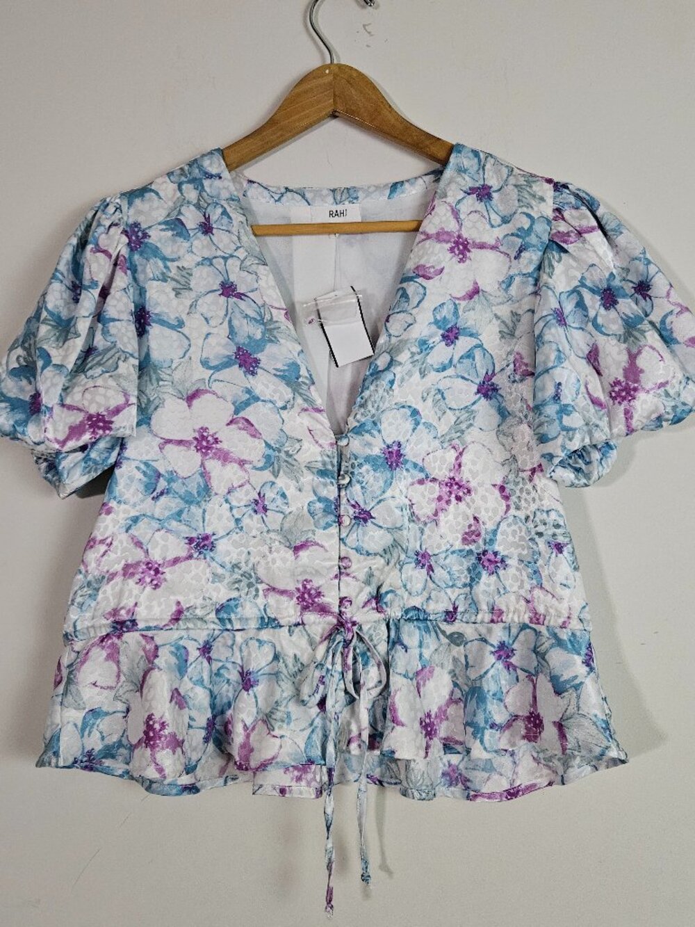 Rahi Women's Top Medium Floral Satin Peplum Romantic Coquette Girl Soft